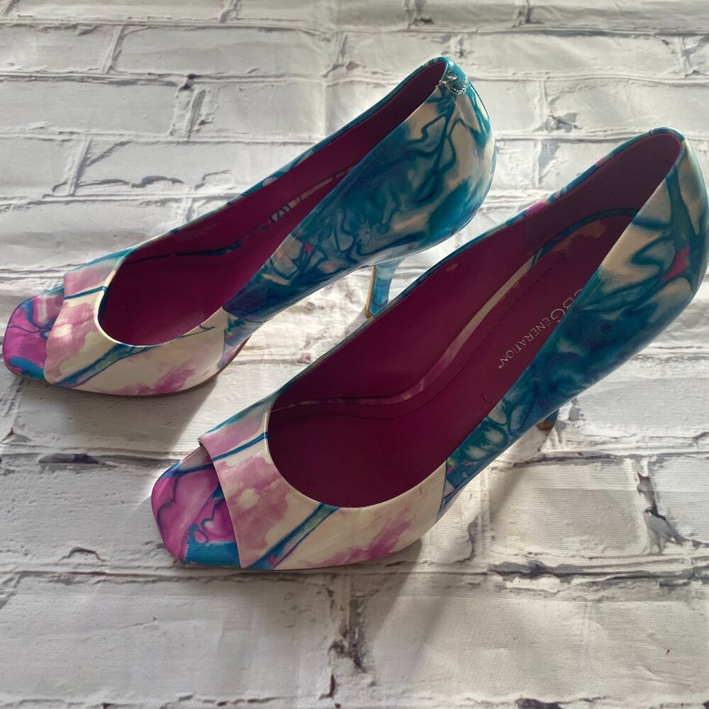 BCBG Patent Pink, White & Turquoise Open Toe Heels